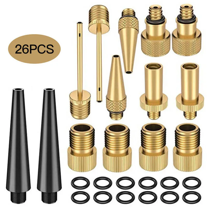26pc Bike Ball Inflator Nozzle Adapter | Air Pump Valve Needle | Presta Schrader Kit