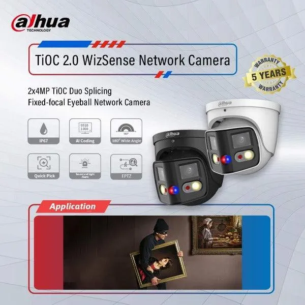 Dahua 2x4MP TIOC 2.0 Active Deterrence Turret Fixed Camera Black, DH-IPC-PDW3849-A180-AS-PV-ANZ-BLK
