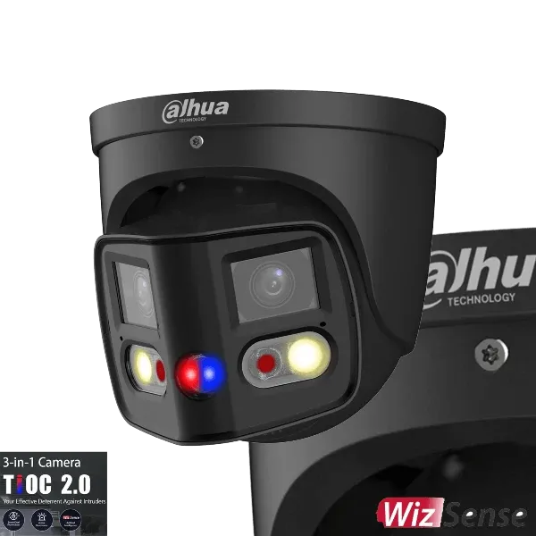Dahua 2x4MP TIOC 2.0 Active Deterrence Turret Fixed Camera Black, DH-IPC-PDW3849-A180-AS-PV-ANZ-BLK