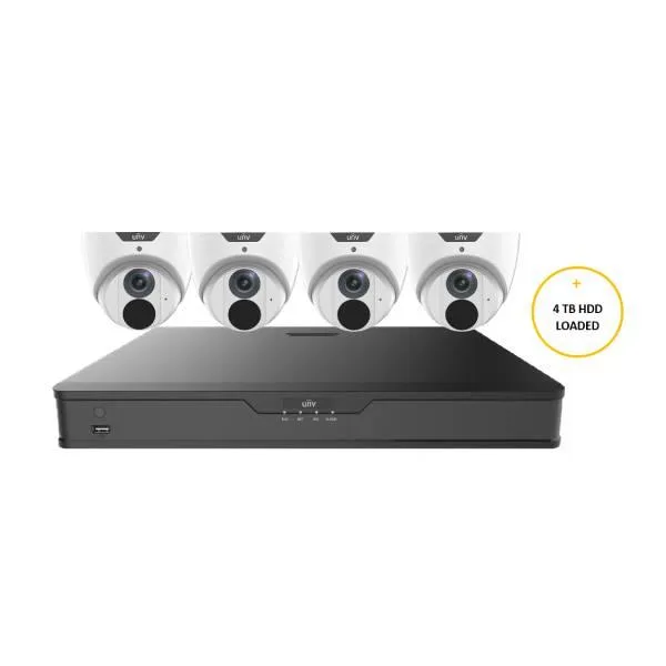 Uniview CCTV Kit, 8 Channel Network Recorder, 4 x 8MP Turret Cameras, UNVP1K48T8BE-4TBLWHT