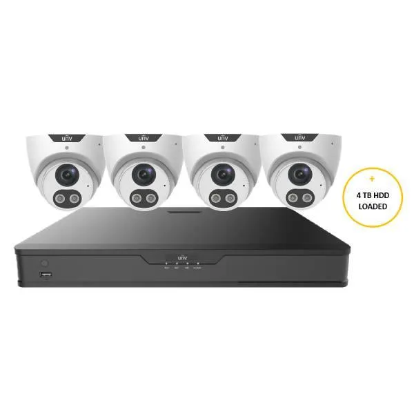 Uniview CCTV Kit, 8 Channel Network Recorder, 4 x 8MP Turret Cameras,Siren and Speaker, UNVP1K48T8BE-4TBLWHT-T